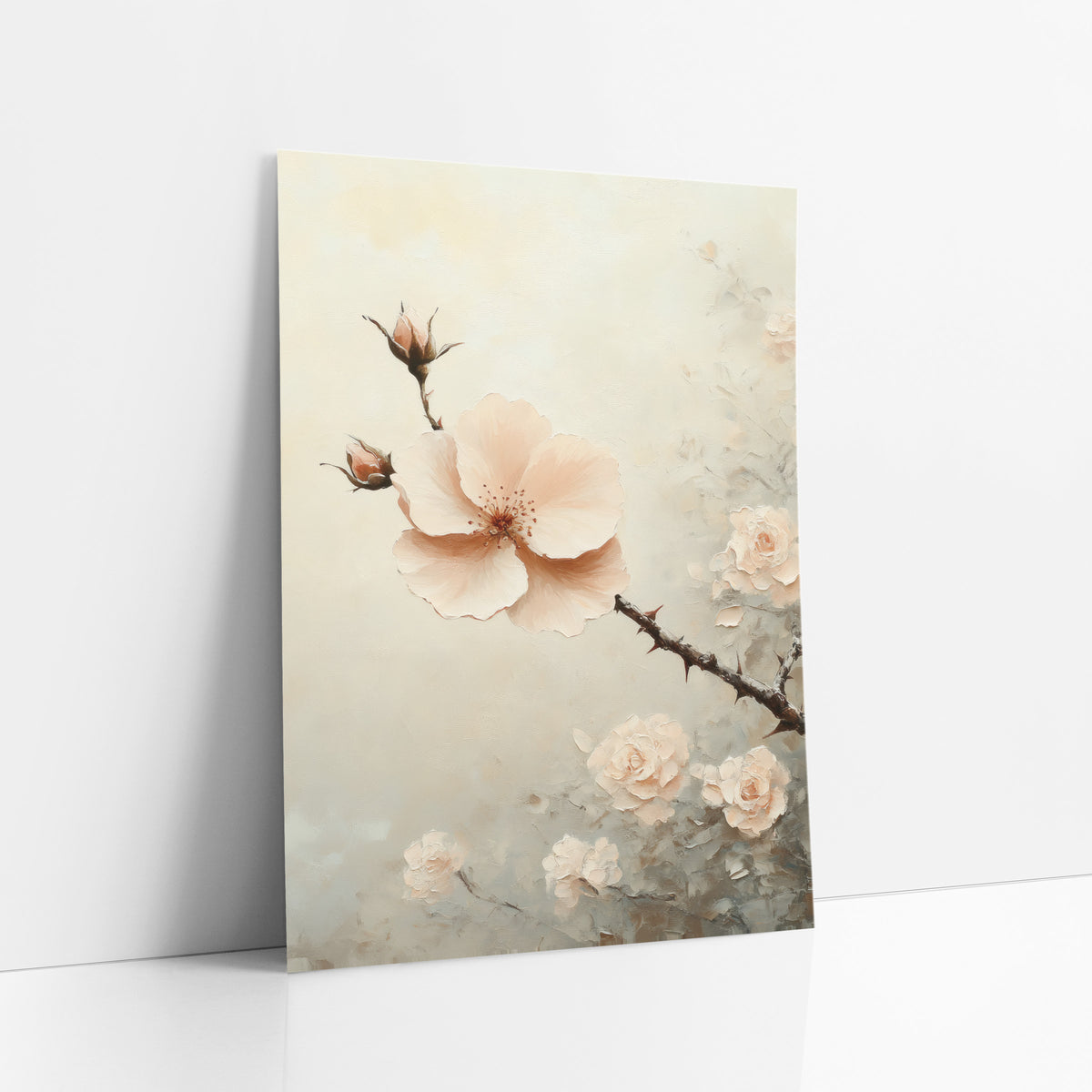 Blush Rose Branch Floral Luxury art print leaning against a white wall – blush pink open flower and buds on a thorny branch