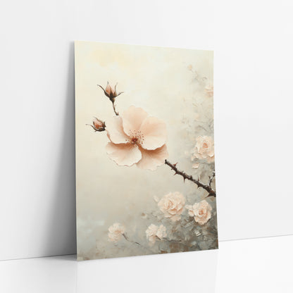Blush Rose Branch Floral Luxury art print leaning against a white wall – blush pink open flower and buds on a thorny branch