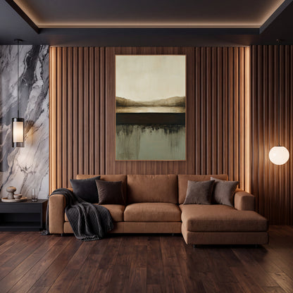 Cocoa Horizon Abstract Landscape wall art in an elegant modern room – abstract landscape with cream sky, brown hills
