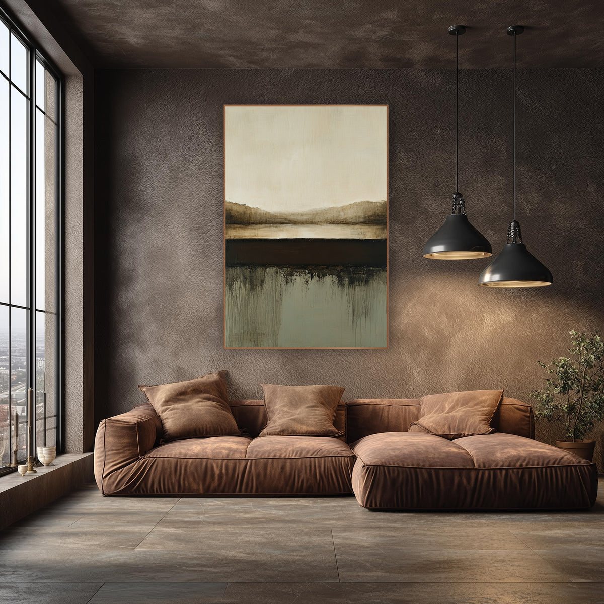 Cocoa Horizon Abstract Landscape wall art in an elegant modern room – abstract landscape with cream sky, brown hills