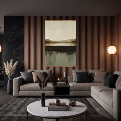 Cocoa Horizon Abstract Landscape wall art in an elegant modern room – abstract landscape with cream sky, brown hills