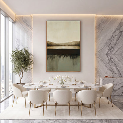 Cocoa Horizon Abstract Landscape wall art in an elegant modern room – abstract landscape with cream sky, brown hills
