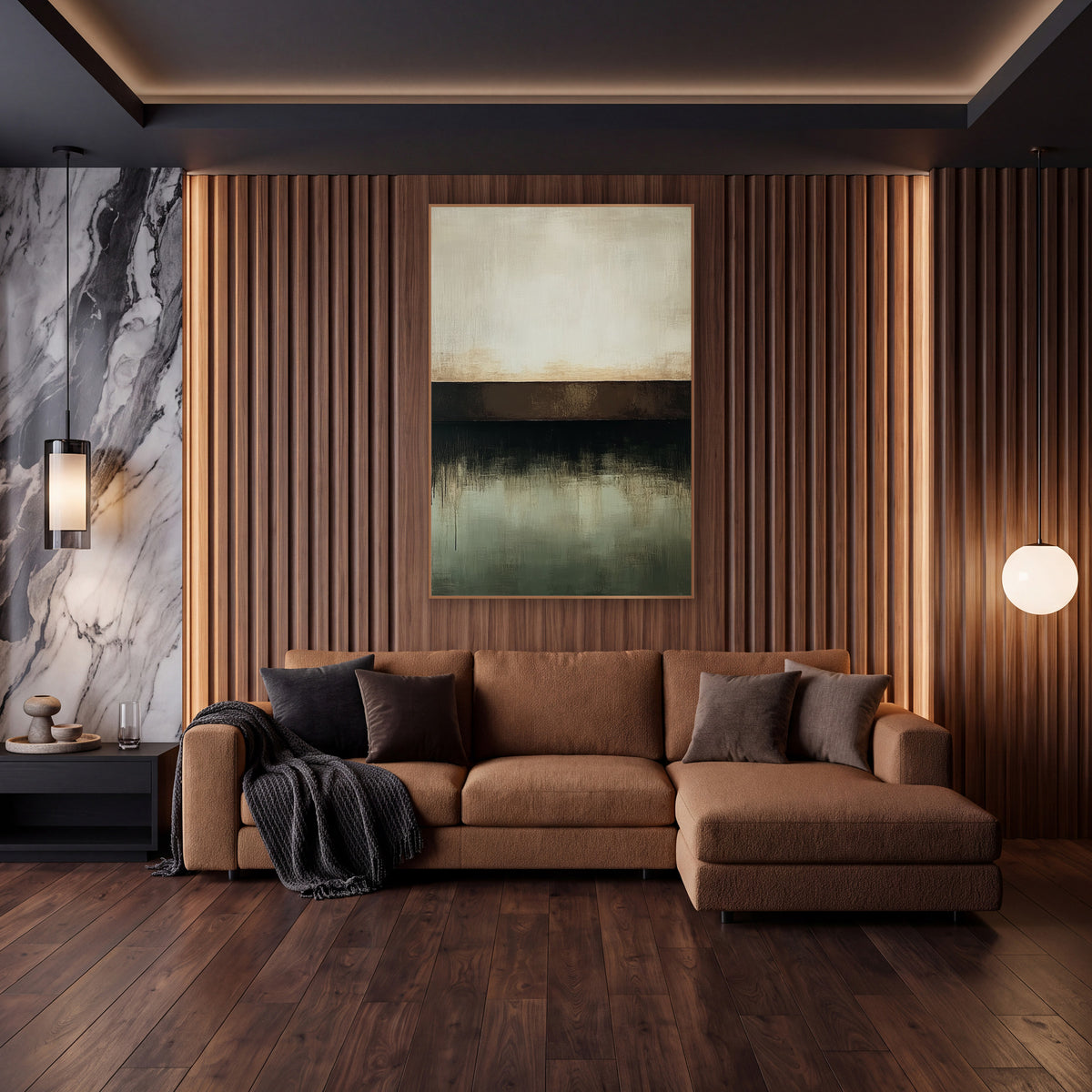 Chocolate Band Sage Horizon Abstract wall art in an elegant modern room – abstract artwork with cream upper field