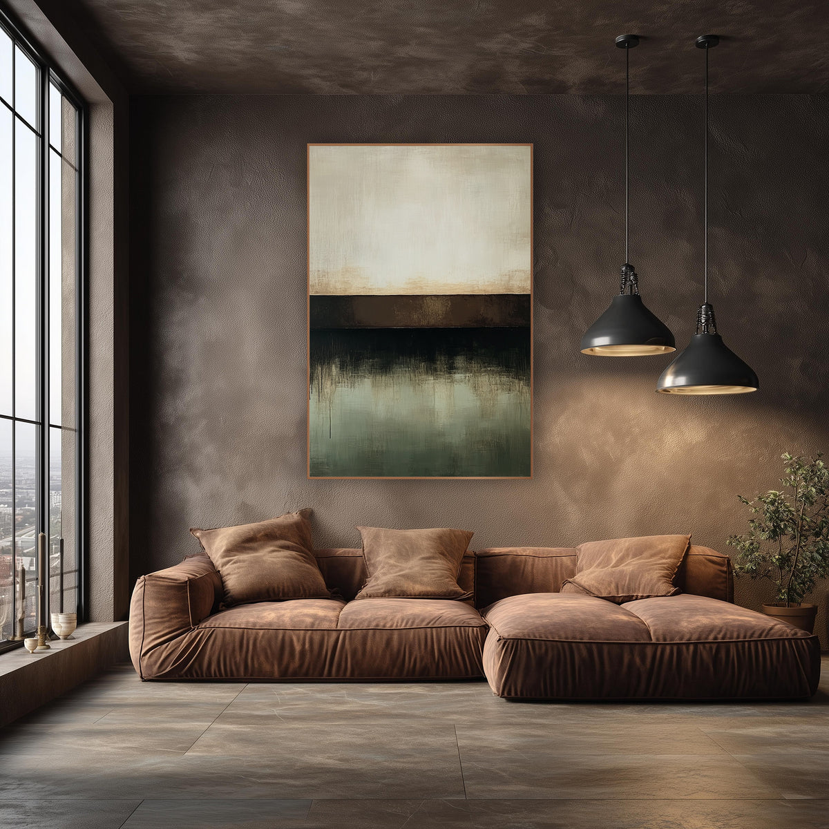 Chocolate Band Sage Horizon Abstract wall art in an elegant modern room – abstract artwork with cream upper field