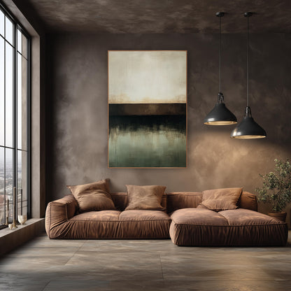 Chocolate Band Sage Horizon Abstract wall art in an elegant modern room – abstract artwork with cream upper field