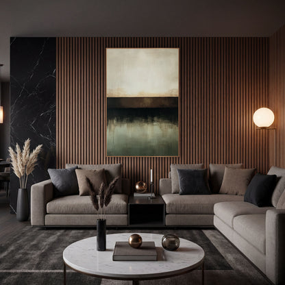 Chocolate Band Sage Horizon Abstract wall art in an elegant modern room – abstract artwork with cream upper field