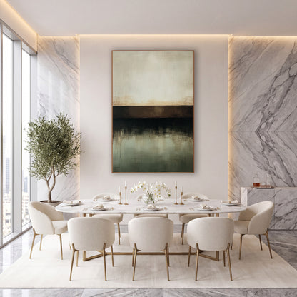 Chocolate Band Sage Horizon Abstract wall art in an elegant modern room – abstract artwork with cream upper field
