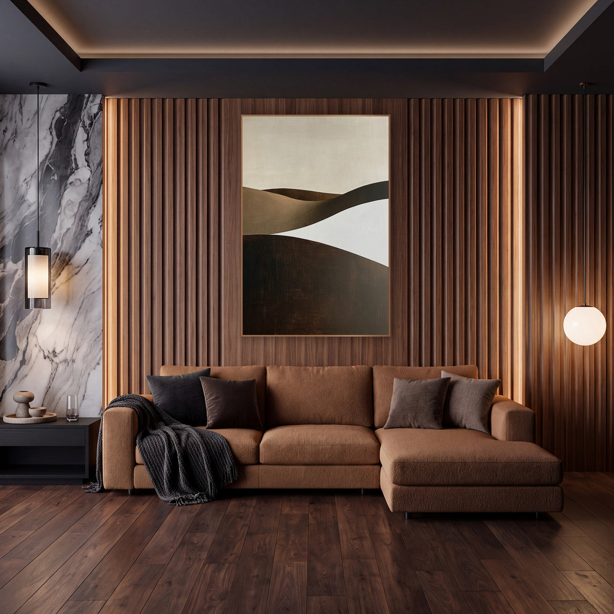 Cocoa Sculpted Dunes Minimalist wall art in an elegant modern room – abstract landscape of rolling hills in chocolate