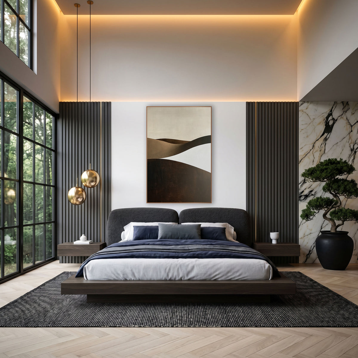 Cocoa Sculpted Dunes Minimalist wall art in an elegant modern room – abstract landscape of rolling hills in chocolate