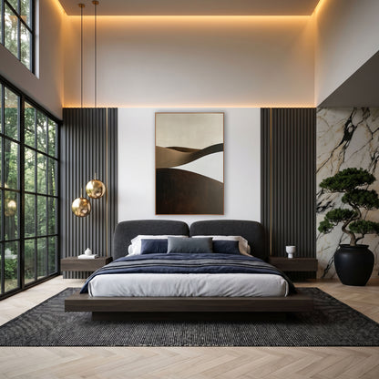Cocoa Sculpted Dunes Minimalist wall art in an elegant modern room – abstract landscape of rolling hills in chocolate