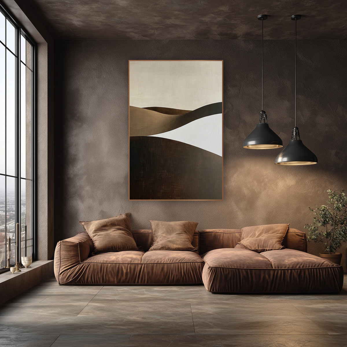 Cocoa Sculpted Dunes Minimalist wall art in an elegant modern room – abstract landscape of rolling hills in chocolate