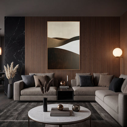 Cocoa Sculpted Dunes Minimalist wall art in an elegant modern room – abstract landscape of rolling hills in chocolate
