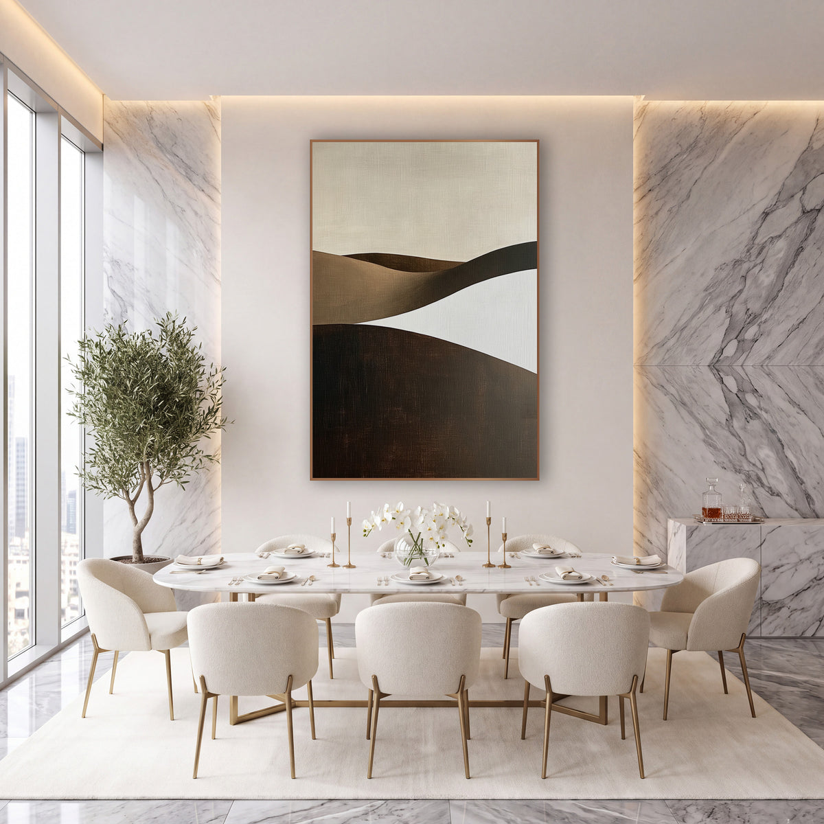 Cocoa Sculpted Dunes Minimalist wall art in an elegant modern room – abstract landscape of rolling hills in chocolate