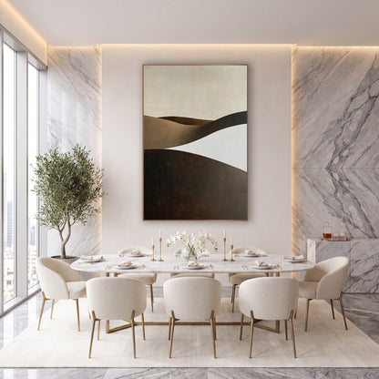 Cocoa Sculpted Dunes Minimalist wall art in an elegant modern room – abstract landscape of rolling hills in chocolate