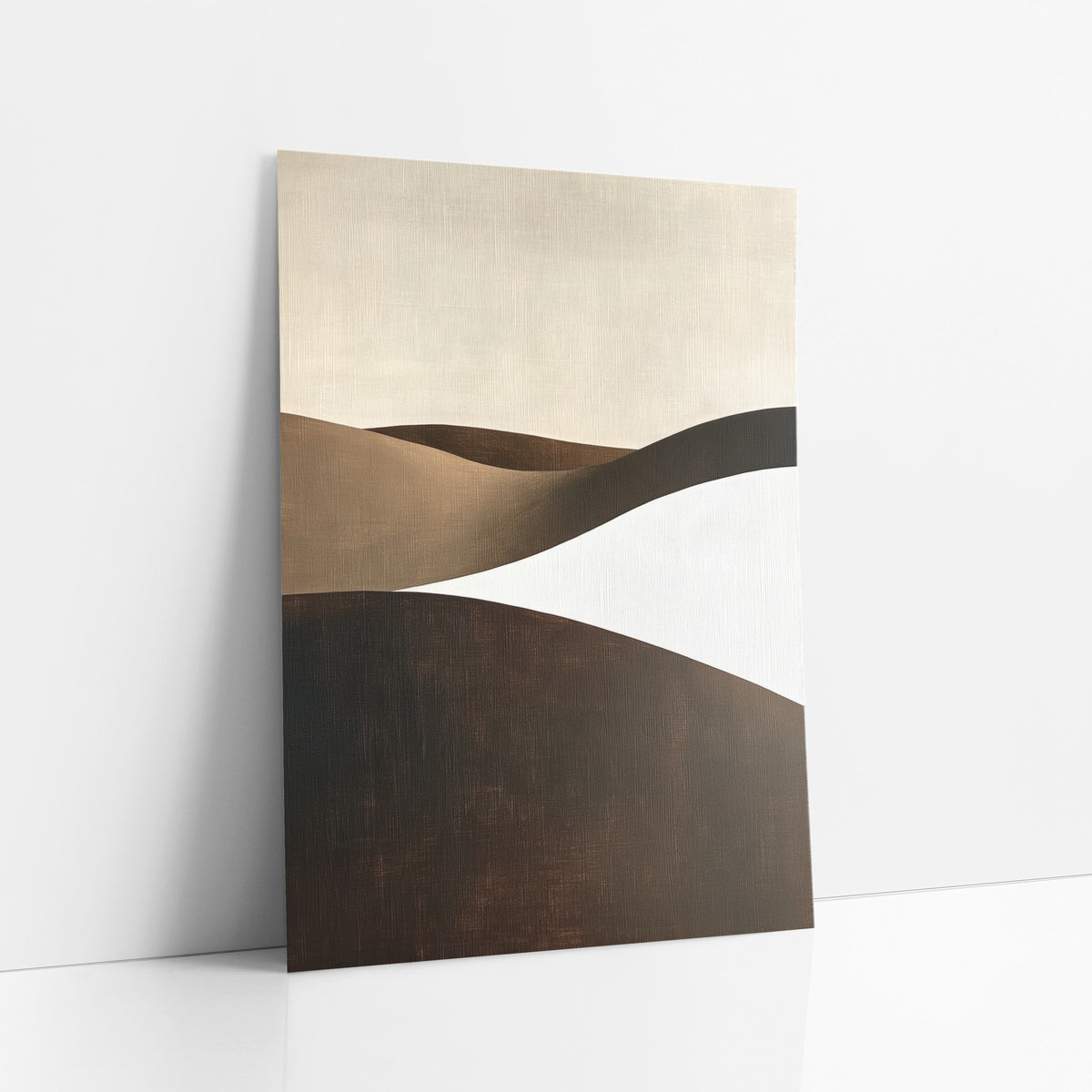 Cocoa Sculpted Dunes Minimalist art print leaning against a white wall – abstract landscape of rolling hills in chocolate