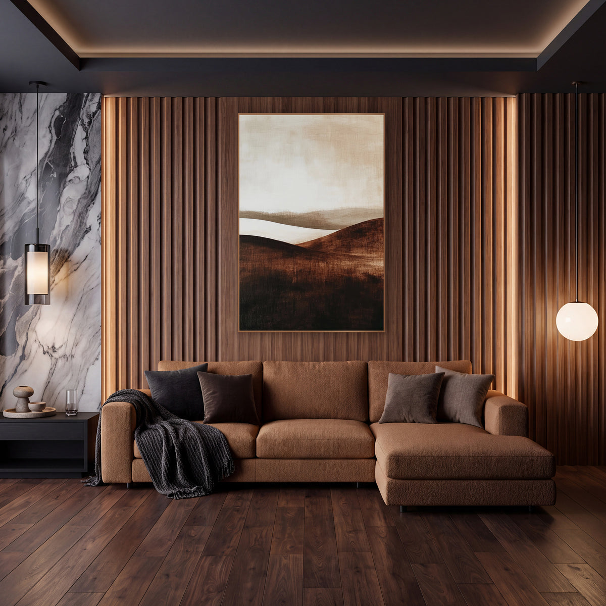 Mocha Misty Ridges Painterly wall art in an elegant modern room – abstract landscape of dark chocolate brown rolling