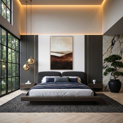 Mocha Misty Ridges Painterly wall art in an elegant modern room – abstract landscape of dark chocolate brown rolling