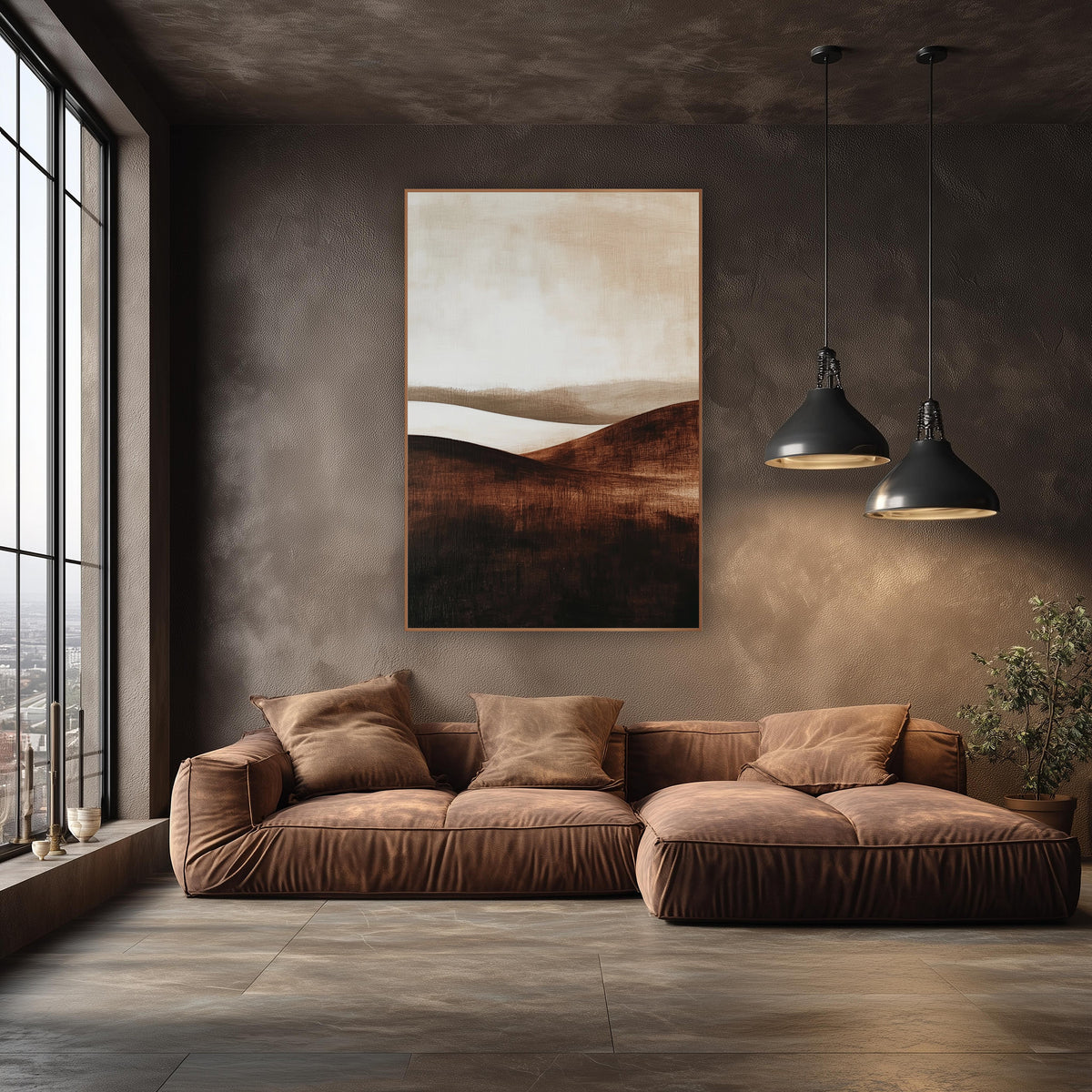 Mocha Misty Ridges Painterly wall art in an elegant modern room – abstract landscape of dark chocolate brown rolling