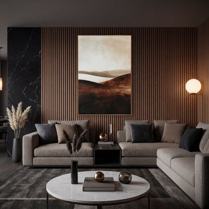 Mocha Misty Ridges Painterly wall art in an elegant modern room – abstract landscape of dark chocolate brown rolling