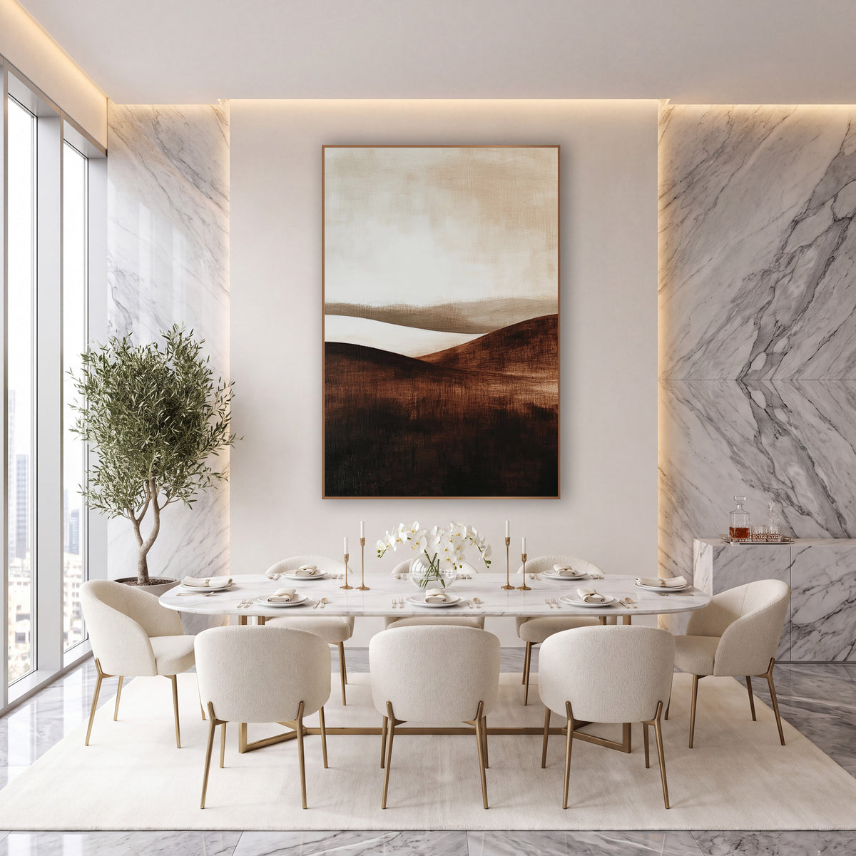 Mocha Misty Ridges Painterly wall art in an elegant modern room – abstract landscape of dark chocolate brown rolling