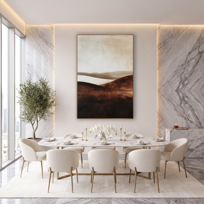 Mocha Misty Ridges Painterly wall art in an elegant modern room – abstract landscape of dark chocolate brown rolling
