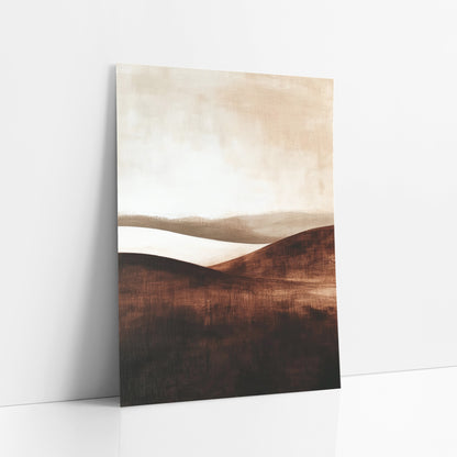 Mocha Misty Ridges Painterly art print leaning against a white wall – abstract landscape of dark chocolate brown rolling