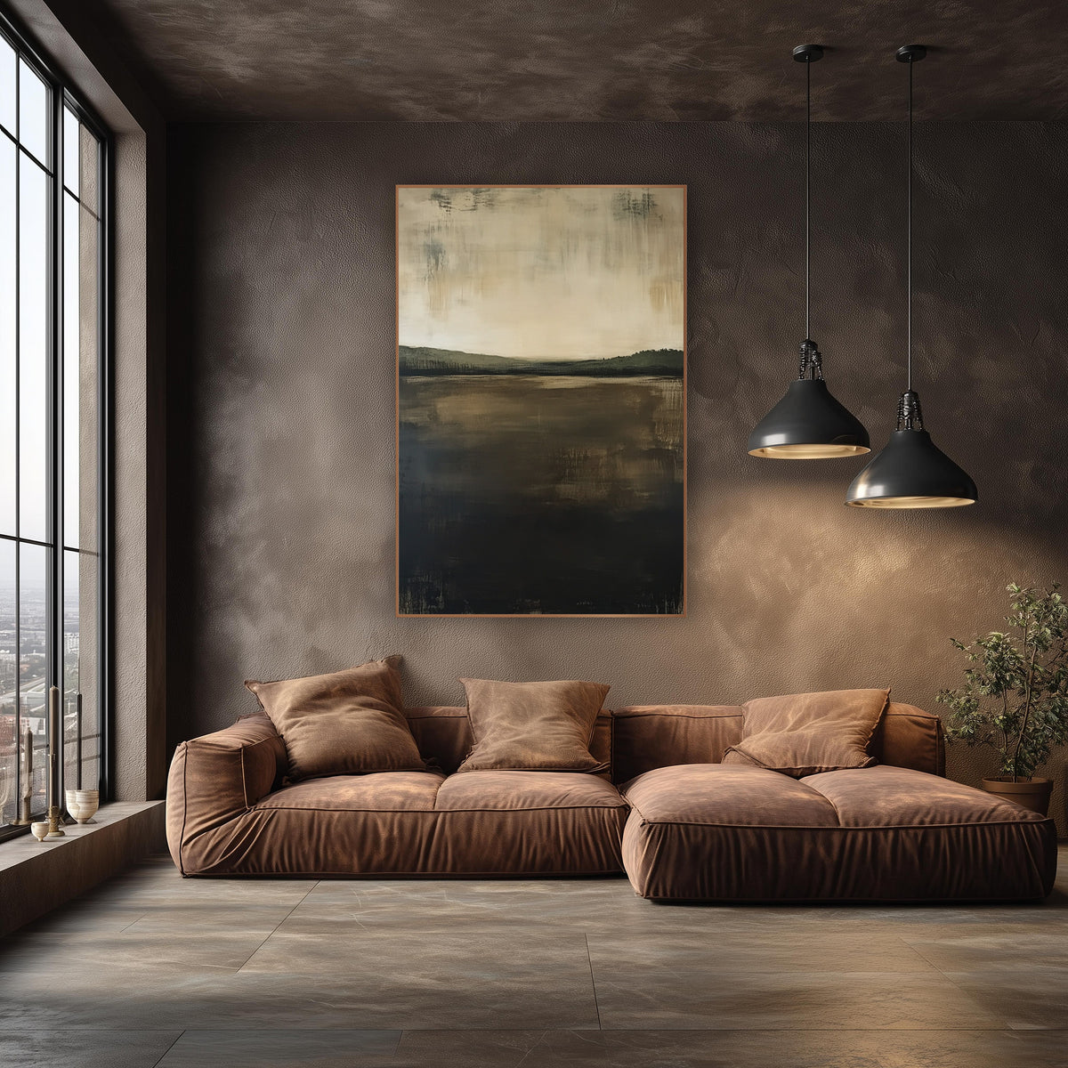 Cocoa Field Horizon Abstract Landscape wall art in an elegant modern room – abstract landscape with cream sky, olive