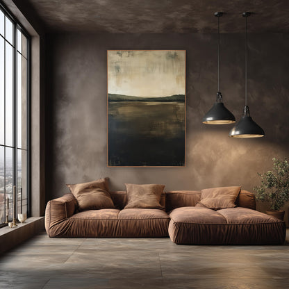 Cocoa Field Horizon Abstract Landscape wall art in an elegant modern room – abstract landscape with cream sky, olive