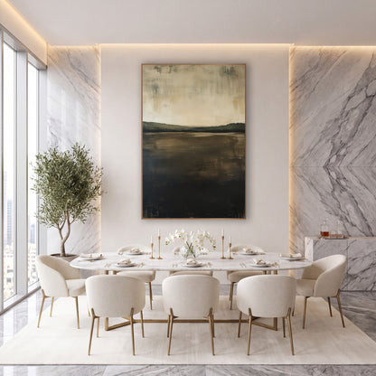 Cocoa Field Horizon Abstract Landscape wall art in an elegant modern room – abstract landscape with cream sky, olive