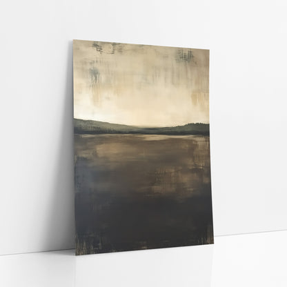 Cocoa Field Horizon Abstract Landscape art print leaning against a white wall – abstract landscape with cream sky, olive