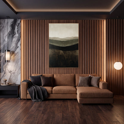 Chocolate Olive Hills Abstract Landscape wall art in an elegant modern room – abstract landscape of layered hills