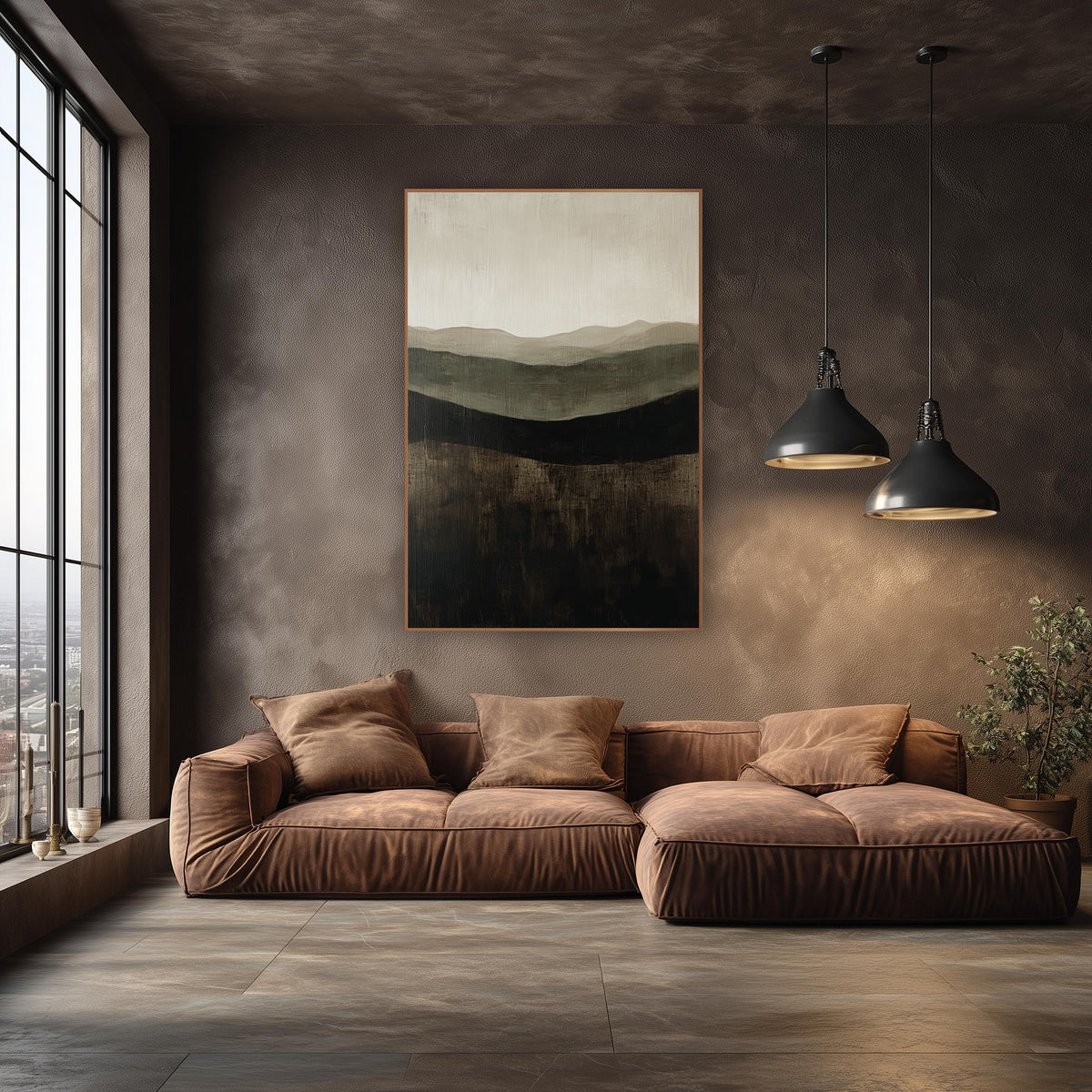 Chocolate Olive Hills Abstract Landscape wall art in an elegant modern room – abstract landscape of layered hills