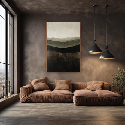 Chocolate Olive Hills Abstract Landscape wall art in an elegant modern room – abstract landscape of layered hills