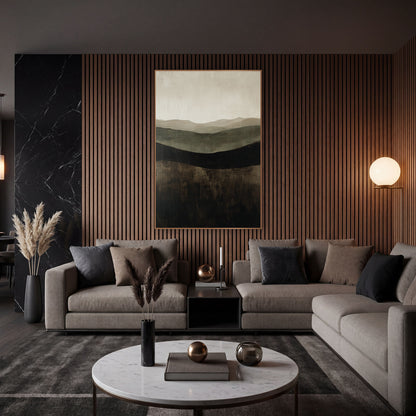 Chocolate Olive Hills Abstract Landscape wall art in an elegant modern room – abstract landscape of layered hills