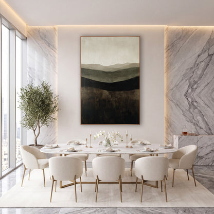 Chocolate Olive Hills Abstract Landscape wall art in an elegant modern room – abstract landscape of layered hills