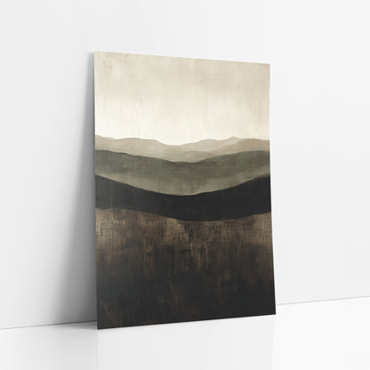 Chocolate Olive Hills Abstract Landscape art print leaning against a white wall – abstract landscape of layered hills