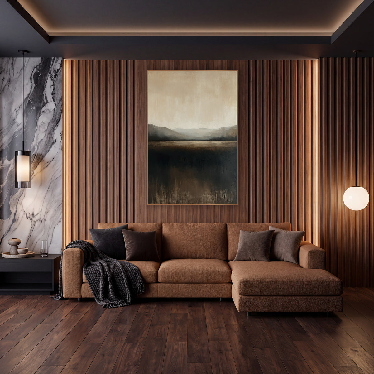 Misty Valley Horizon Abstract Landscape wall art in an elegant modern room – abstract landscape of hazy gray hills