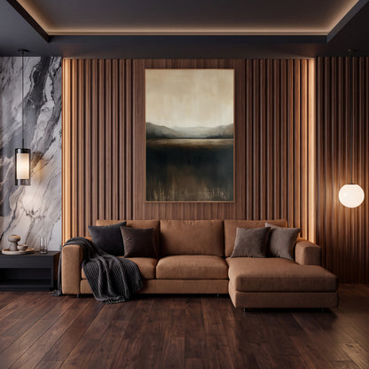 Misty Valley Horizon Abstract Landscape wall art in an elegant modern room – abstract landscape of hazy gray hills