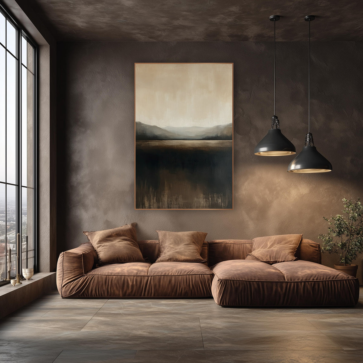Misty Valley Horizon Abstract Landscape wall art in an elegant modern room – abstract landscape of hazy gray hills