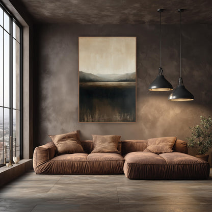 Misty Valley Horizon Abstract Landscape wall art in an elegant modern room – abstract landscape of hazy gray hills