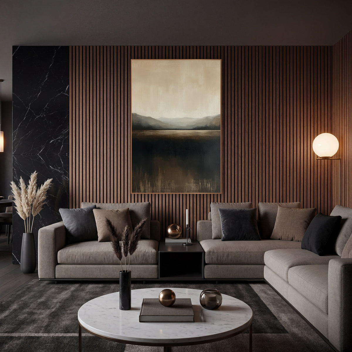 Misty Valley Horizon Abstract Landscape wall art in an elegant modern room – abstract landscape of hazy gray hills
