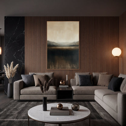 Misty Valley Horizon Abstract Landscape wall art in an elegant modern room – abstract landscape of hazy gray hills