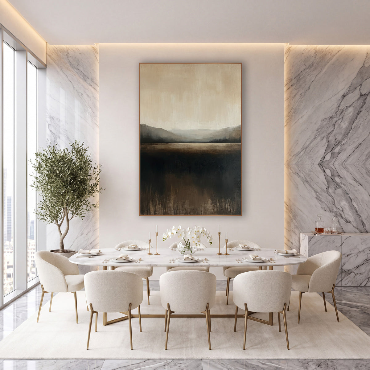 Misty Valley Horizon Abstract Landscape wall art in an elegant modern room – abstract landscape of hazy gray hills