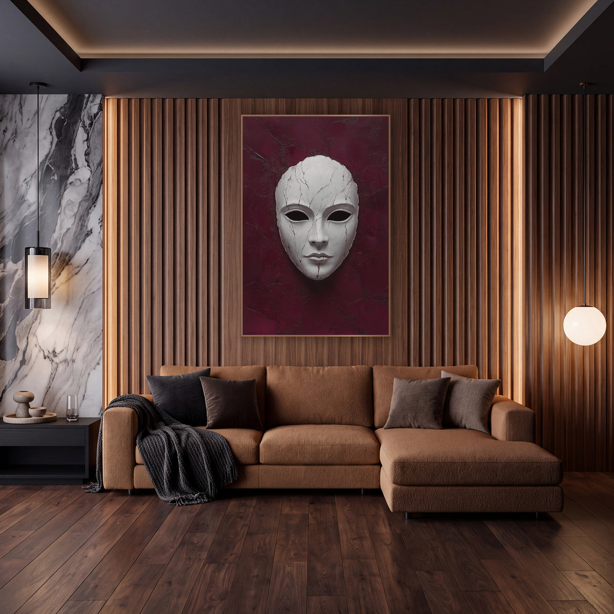 Cracked White Mask Dramatic Luxury wall art in an elegant modern room – pale white face mask with fine cracks and dark