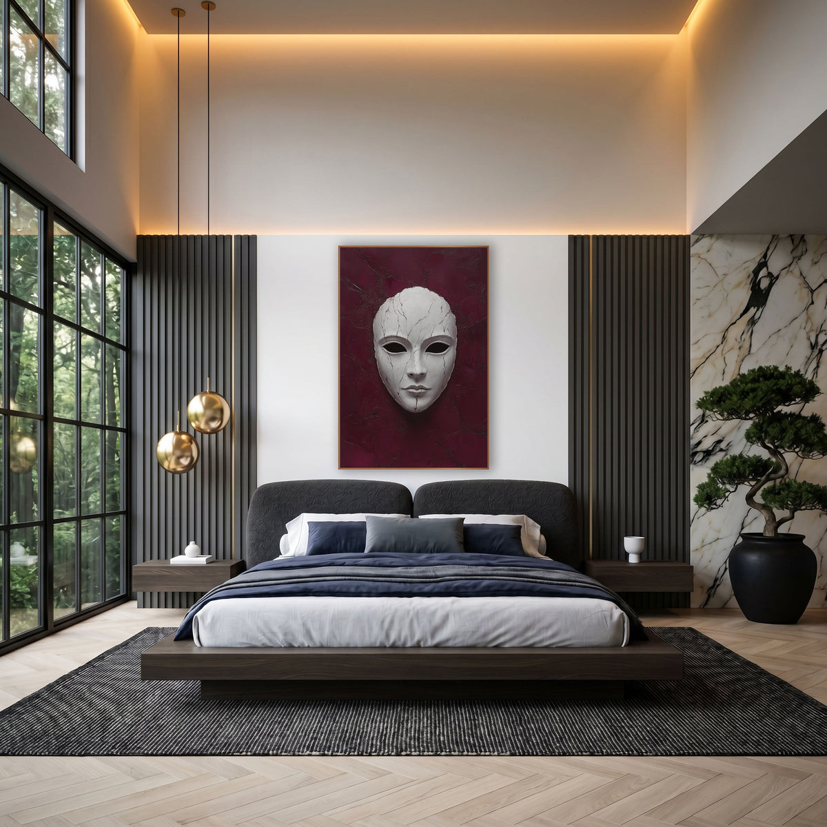 Cracked White Mask Dramatic Luxury wall art in an elegant modern room – pale white face mask with fine cracks and dark