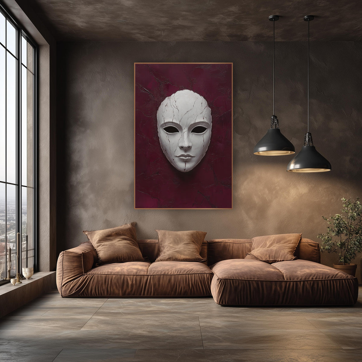 Cracked White Mask Dramatic Luxury wall art in an elegant modern room – pale white face mask with fine cracks and dark