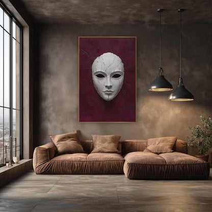 Cracked White Mask Dramatic Luxury wall art in an elegant modern room – pale white face mask with fine cracks and dark