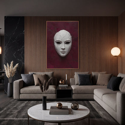 Cracked White Mask Dramatic Luxury wall art in an elegant modern room – pale white face mask with fine cracks and dark