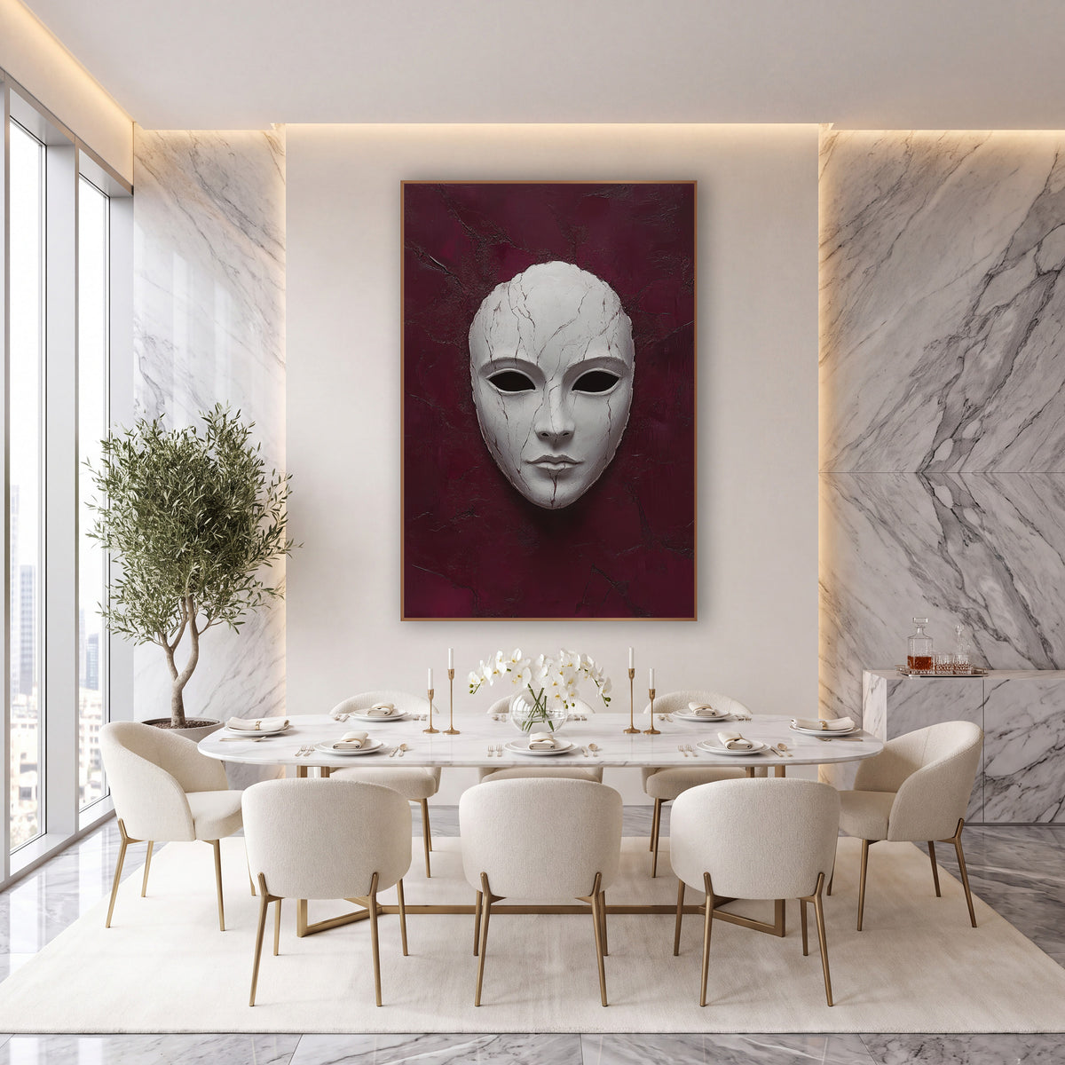 Cracked White Mask Dramatic Luxury wall art in an elegant modern room – pale white face mask with fine cracks and dark