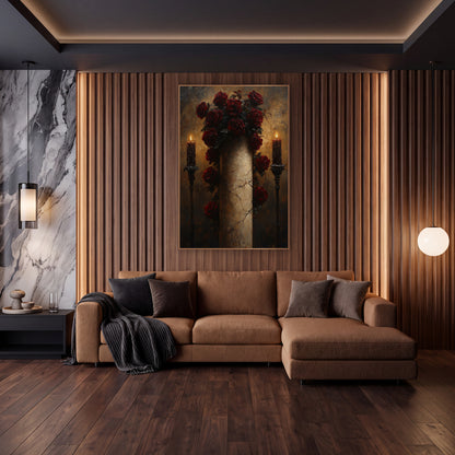 Dark Roses Candlelit Column Gothic wall art in an elegant modern room – dark red roses climbing a pale cracked column
